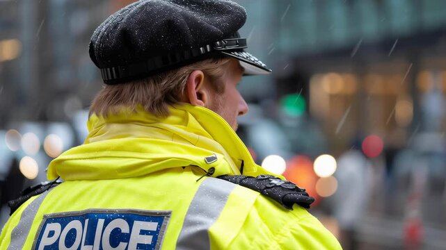 A police officer wearing a yellow jacket and hat stands on a street. The officer is looking at the camera