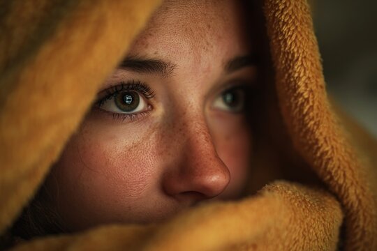 Intimate portrait of fair-skinned young woman with freckles, wrapped in cozy orange blanket, looking aside pensively