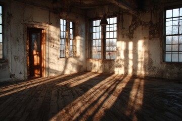 Fototapeta premium Sunlight Streams Through Gridded Windows in a Distressed Empty Room With Wooden Floors and Walls with Peeling Paint