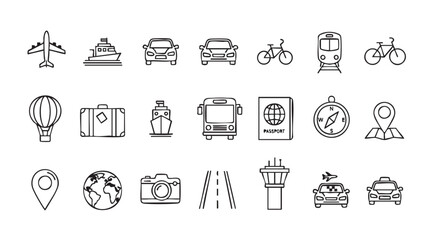 Travel themed line art icons representing different transportation methods