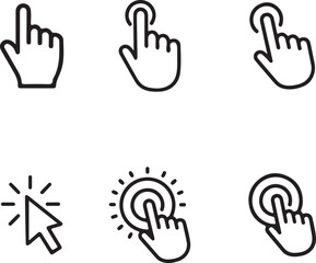 Obraz premium Set of vector line icons depicting hand cursor, clicking, finger tapping, touch screen interaction, pointer, and selection actions for ui design interface.