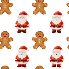 Seamless Christmas watercolor pattern with festive baubles, stars, bows, fir branches and gift boxes