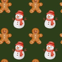 Seamless Christmas watercolor pattern with festive baubles, stars, bows, fir branches and gift boxes