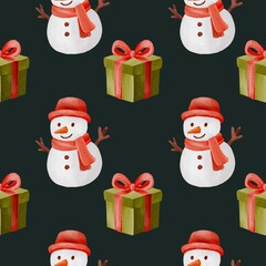 Watercolor seamless Christmas pattern with Santa Claus, snowman, holly, candy canes and Christmas trees