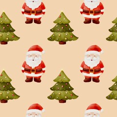 Watercolor seamless Christmas pattern with Santa Claus, snowman, holly, candy canes and Christmas trees