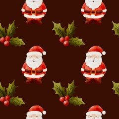 Seamless festive Christmas pattern with watercolor elements Santa, gifts, ornaments, bows, holly and Christmas tree