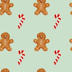 Seamless festive Christmas pattern with watercolor elements Santa, gifts, ornaments, bows, holly and Christmas tree