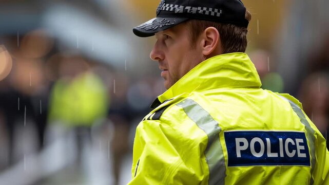 A police officer in a yellow jacket stands in front of a crowd. The officer is wearing a hat
