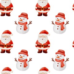 Seamless watercolor Christmas pattern with gingerbread cookies, Christmas trees, snowflakes and festive bows