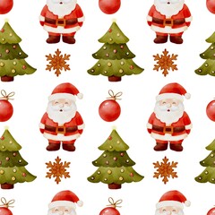 Seamless Christmas pattern with watercolor Santa Claus, snowman, candy canes, Christmas tree and festive decorations