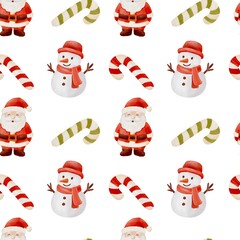 Seamless Christmas pattern with watercolor Santa Claus, snowman, candy canes, Christmas tree and festive decorations