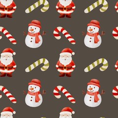 Seamless watercolor Christmas pattern with gingerbread cookies, Christmas trees, snowflakes and festive bows