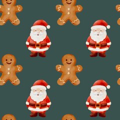 Seamless Christmas pattern with watercolor Santa Claus, snowman, candy canes, Christmas tree and festive decorations