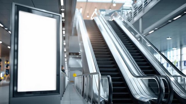 A large white sign is in front of a set of escalators. The sign is empty and the escalators are in motion