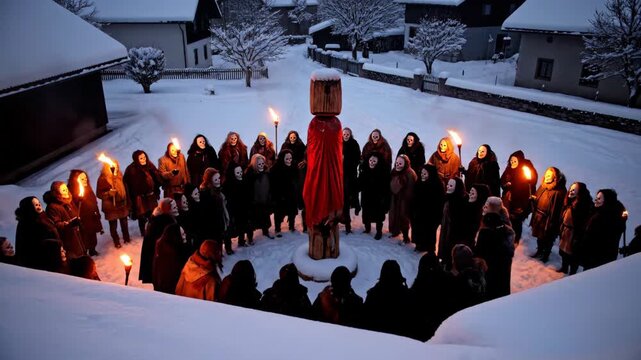 A pagan winter ritual with people holding torches and standing around a totem, surrounded by snow and rural houses, footage.
