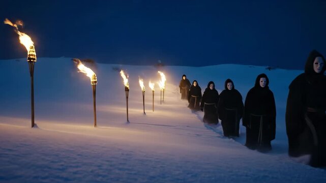 A group of people in black robes and white masks walking in a snowy landscape by torchlight at night, ritual footage.