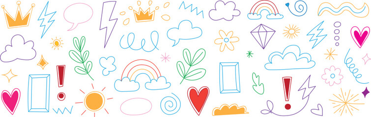 Line icon adorable element set.  Decorative arrow, cloud, crown, sparkle, and flower in doodle line color.  For children, a hand-drawn heart, a sketchy figure, a humorous outline, and a cartoon ribbon