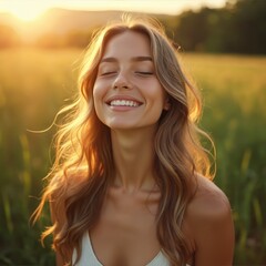 Fototapeta premium Blonde woman smiles broadly closes eyes in field. Beautiful female feels peace in sunlight. Happy young person enjoys nature. Wellness lifestyle portrait
