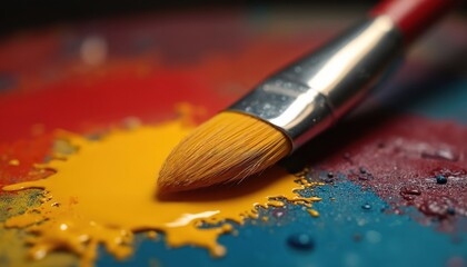 Fototapeta premium Art brush on colorful palette with yellow paint. Close up photo of artist tool, creativity, inspiration, design. Studio artwork, workshop, art class. Concept about art and occupation.