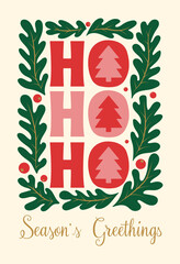 Retro Christmas Card with Ho Ho Ho Typography and Holiday Leaves Design Isolated Vector