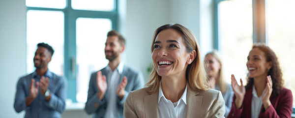Diverse group business people applaud. Happy team celebrates success at a presentation or workshop. Smiling colleagues show support for achievement in the office setting. They are excited.