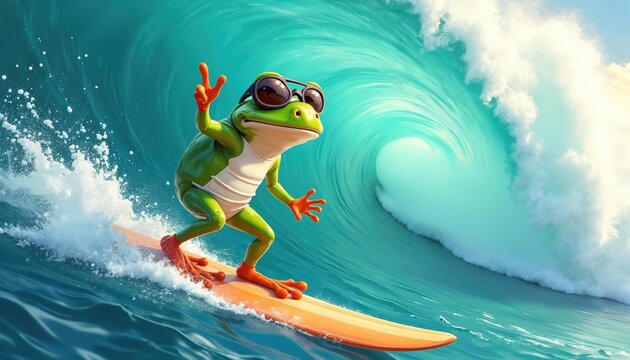 Cartoon frog rides surfboard on wave with sunglasses. Frog gives peace sign near ocean. Cheerful amphibian enjoys summer vacation. Cute character surfs in sea. Funny mascot fun water sport activity.