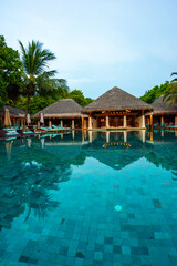 Tranquil closeup calm sea water waves with palm trees. Cabins near pool. Tropical island beach landscape exotic shore coast. Summer vacation, holiday amazing nature. Relax paradise, Maldives.