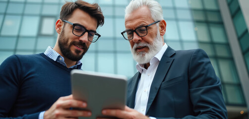 Two business men, one young, one senior, look at tablet. Discuss project, plan legal strategy together. Older mentor, younger worker collaborate on tech device outside office building. Pro team works
