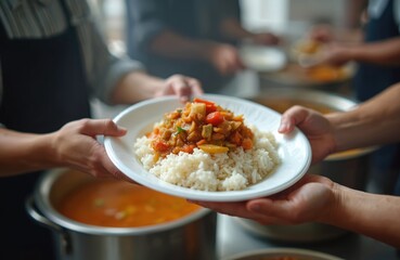 Close up photo shows hands holding a plate. Plate contains rice and stew. Volunteers serve food in soup kitchen. Food help for people who need aid.