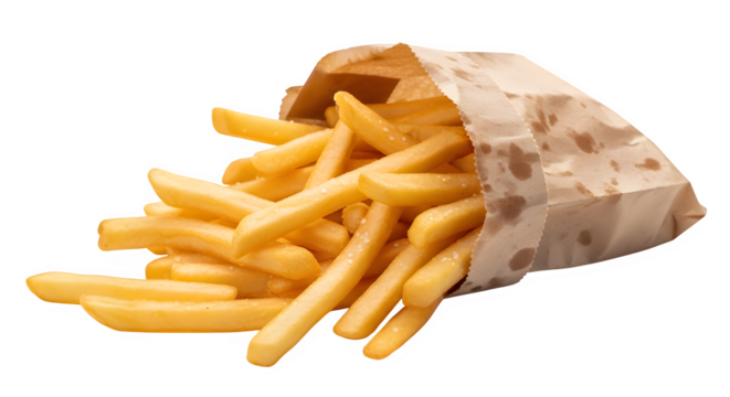 Golden french fries spilling out of a brown paper bag, a classic and comforting fast food treat isolated on transparent background crispy and salty, perfect for a quick snack