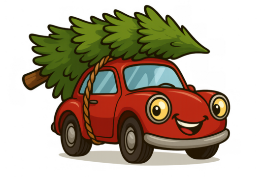Red cartoon car carrying a christmas tree, preparing for holidays, bringing joy and happiness for festive season