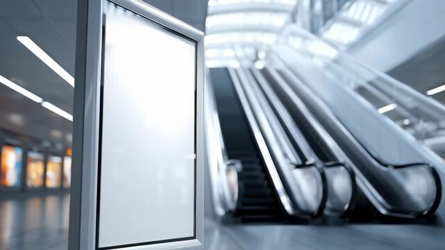 A white sign is in front of a set of escalators. The escalators are silver and are in a large, empty building