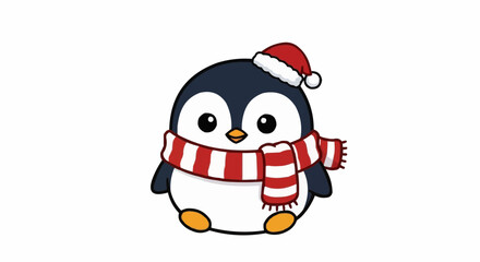 Cartoon penguin wearing a Santa hat and red striped scarf  isolated on white background.