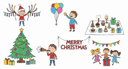 Festive set of Kids celebrating Christmas with decorations, gifts, and balloons isolated on white background. 