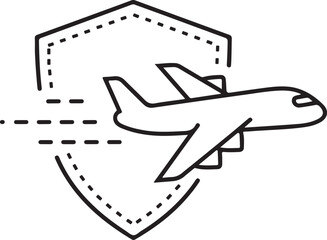 Outline icon of an airplane flying over a dotted shield representing flight safety travel insurance aviation security and secure delivery logistics.