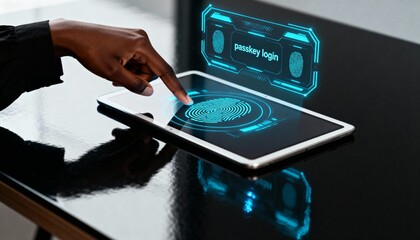 A person using a fingerprint scanner on a tablet for passkey login. Biometric authentication for digital identity and cybersecurity. Futuristic passwordless technology concept