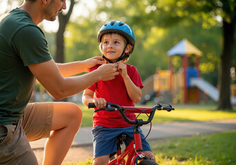 Father helping son fastening bicycle helmet for safety