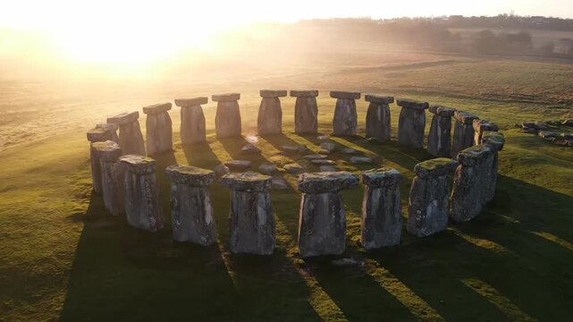 Aerial view of Stonehenge at sunrise with long shadows, ancient monument for pseudoscience and history documentation video