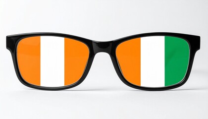 Black-framed sunglasses with lenses displaying the Irish flag—green, white, and orange vertical stripes—set against a light gray background.