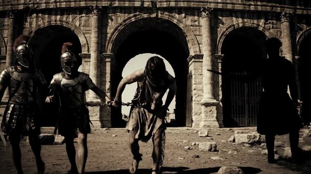 Roman legionaries escorting two chained prisoners through ancient ruins for historical reenactment footage