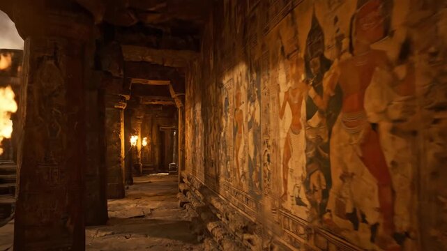 Exploring an ancient dark temple dungeon corridor with flickering torchlight illuminating old cultural wall art and stone columns, footage.