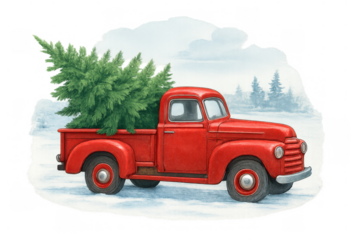 Red vintage pickup truck carrying a pine tree in a snowy winter landscape, bringing christmas joy, watercolor illustration