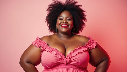 Smiling plus size woman poses in pink studio. She has curly hair, wears off shoulder dress. Body positivity, confidence, beauty, and fashion are themes.