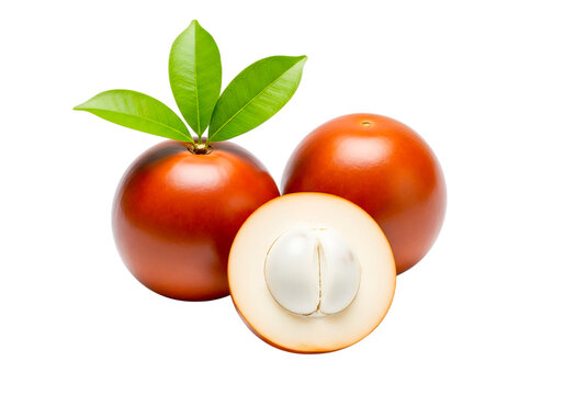 Three delicious mabolo fruits isolated on transparent background, one cut in half