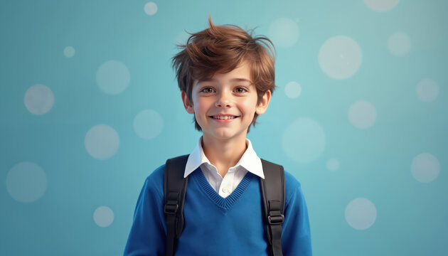 Smiling young boy poses in uniform with backpack. Student smiles at camera on blue background with white bokeh. Happy child ready for school education. - Powered by Adobe