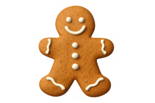 Gingerbread man cookie with white icing smiling, a classic christmas holiday dessert snack food on transparent background