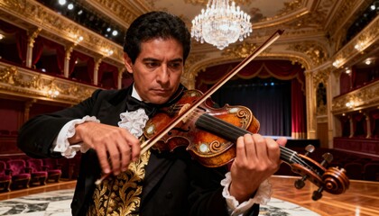 A male violinist playing an ornate violin in a grand opera house. Focused musician in formal attire performing classical music on stage.