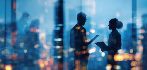 Business silhouettes converse against a blurred city night window background.