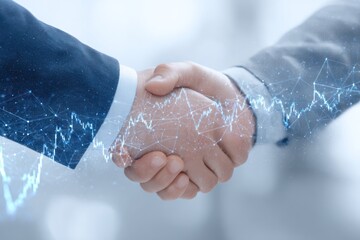 Business handshake overlaid with digital network and stock chart graphics.