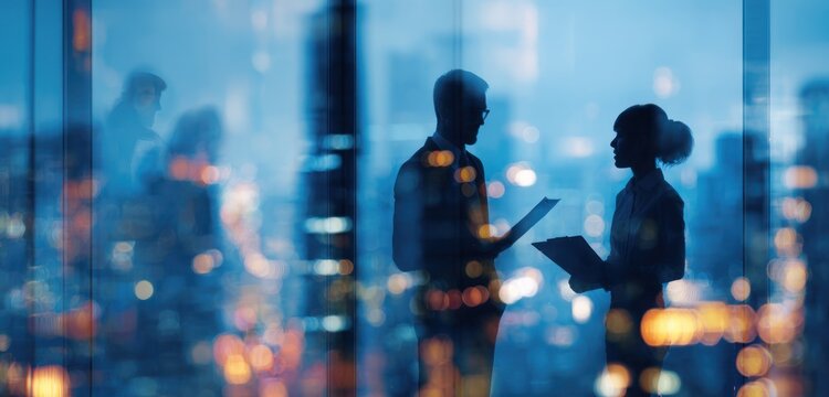 Business silhouettes converse against a blurred city night window background.